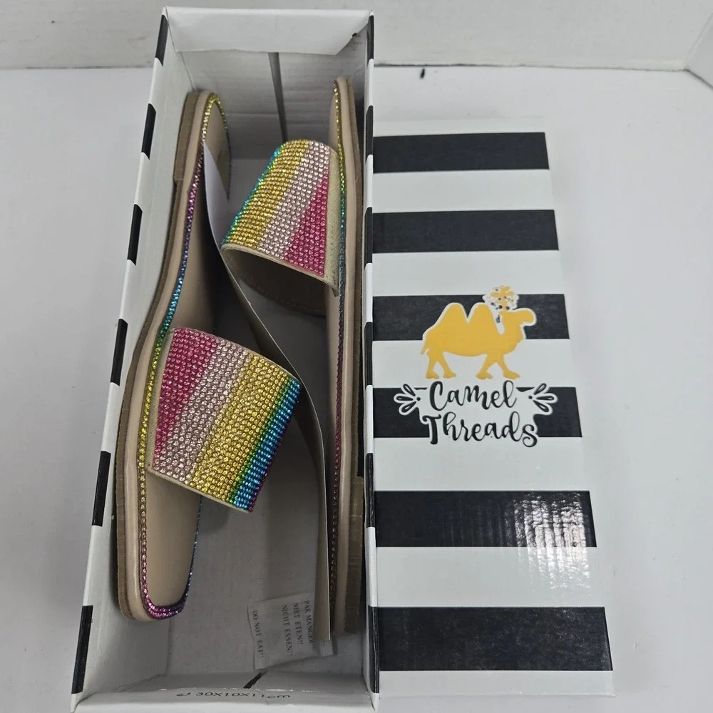 Camel Threads XO Cosmo Striped Rhinestone Slides Open Toe Flats Womens 9 NIB $48